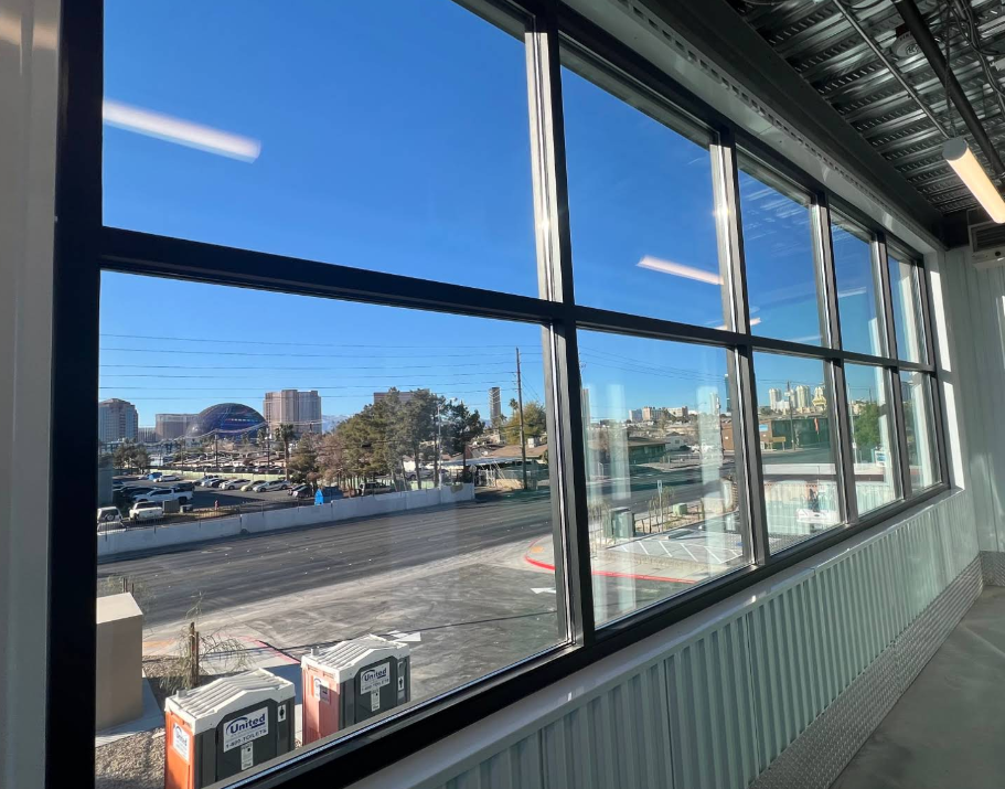 Large commercial windows overlooking Las Vegas after film installation
